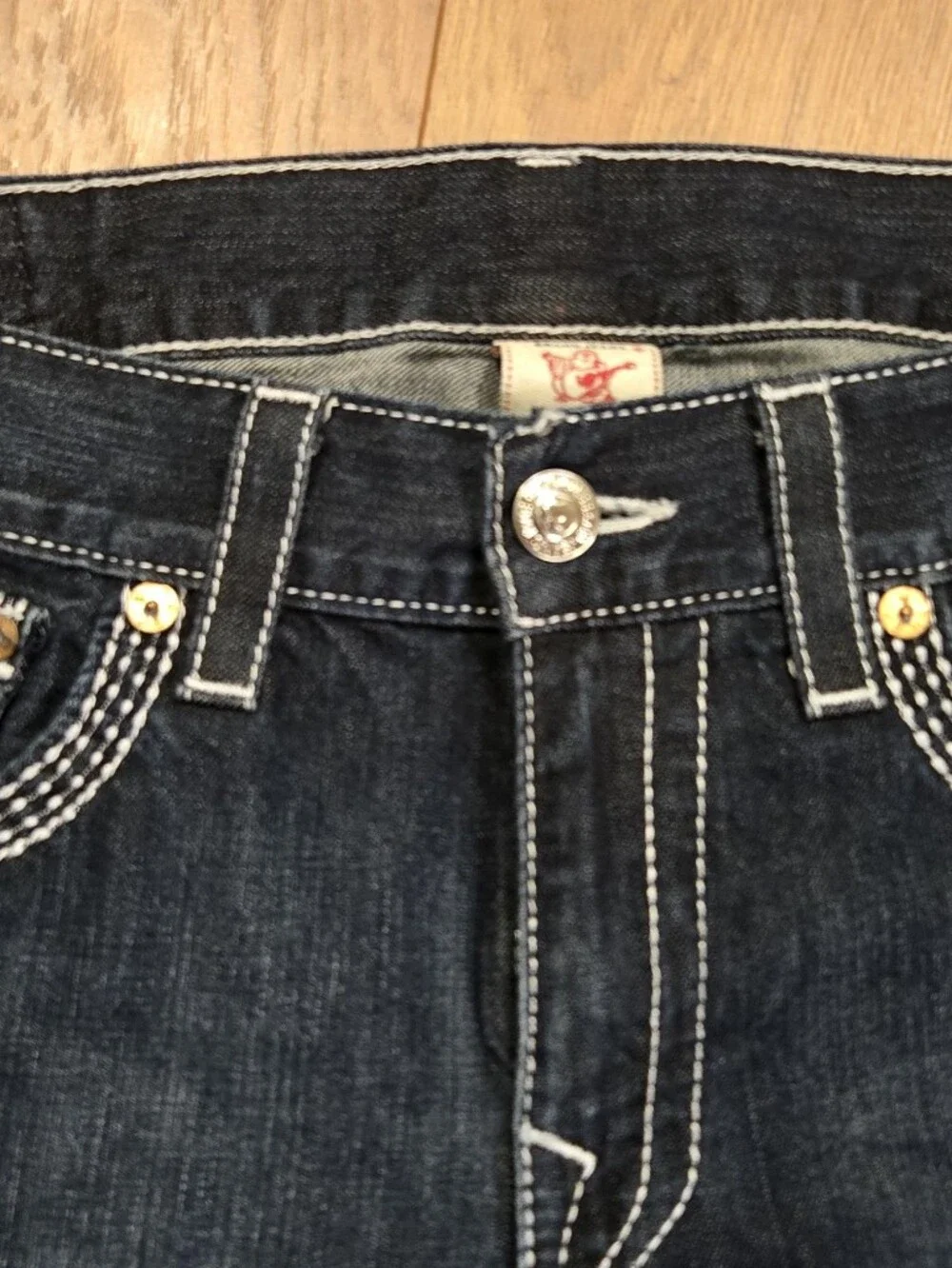 True Religion Ricky Straight Jeans Mens 34x34 Dark Wash Made USA Contrast Stitch